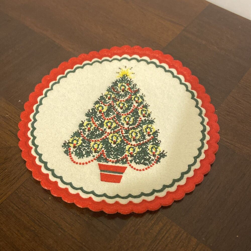 46 Vtg Christmas Paper Drink Coasters Christmas Tree Red Scalloped Edge